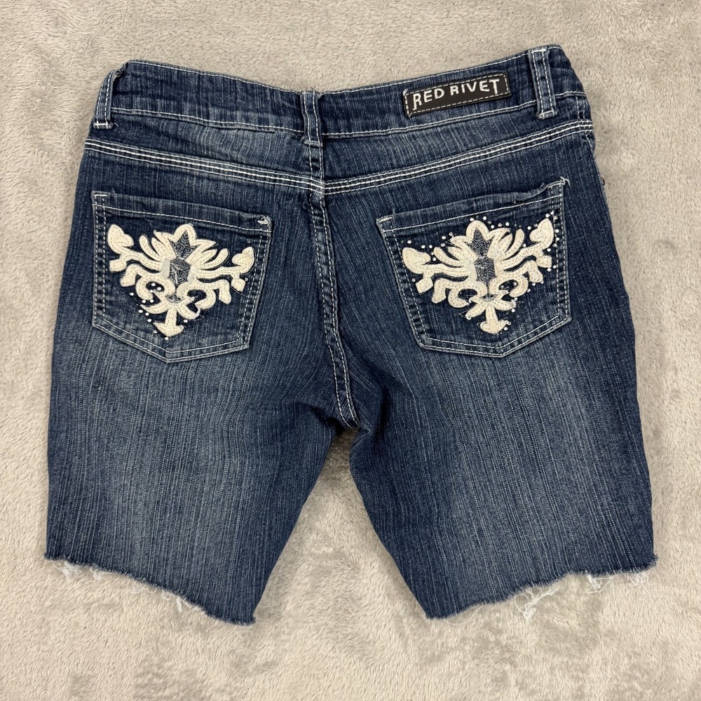 Red Rivet Shorts Womens 3 Blue Cut Off Stretch Embellished Low Rise Jeweled